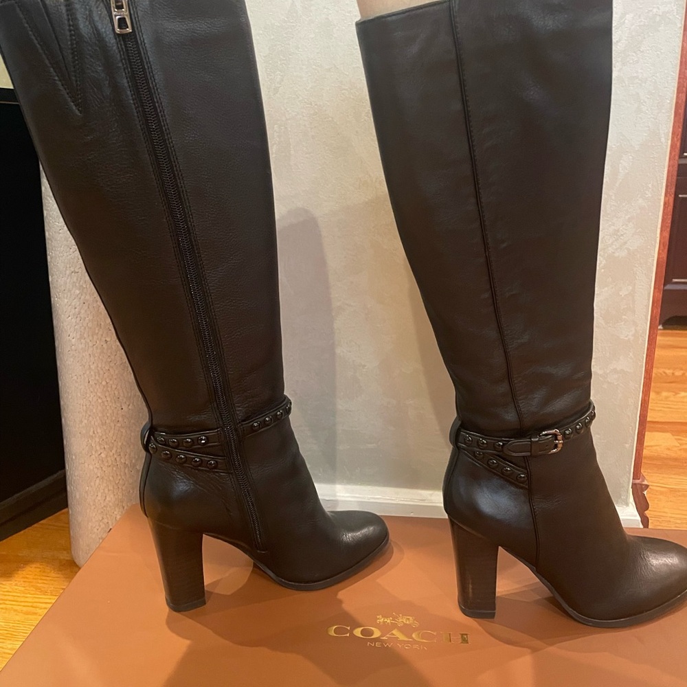 Coach Black Heeled Boots with Buckle Details